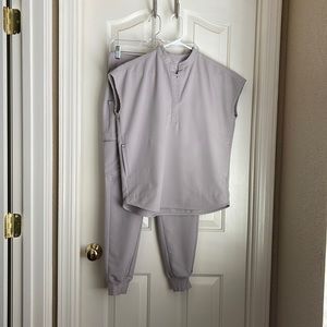 XXS Slate Rafaela Scrub Top & XS Slate Zamora Scrub Pants.